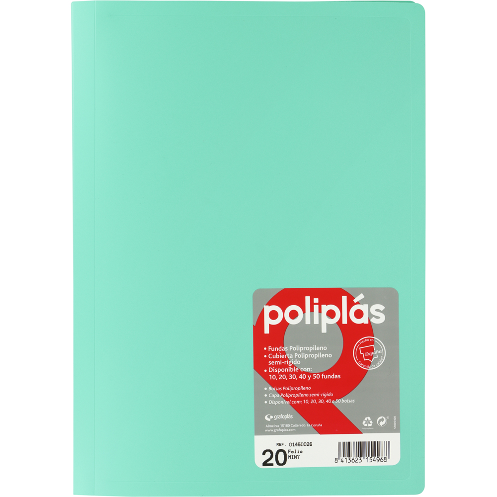 CARPETAS CON FUNDAS GRAFOPLÁS 01450026 POLIPLAS 20 FUNDAS FOLIO MINT