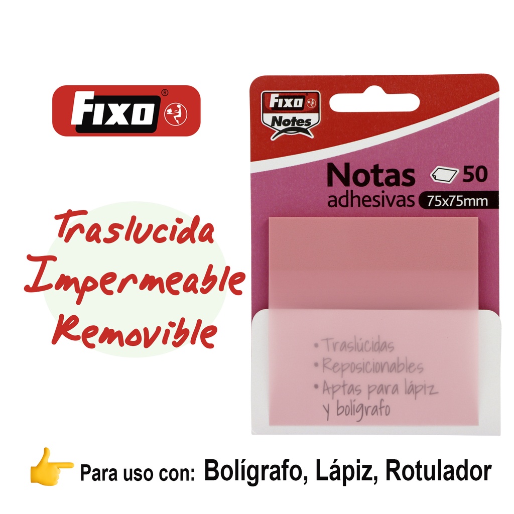 NOTAS FIXO 65007893 PACK 50 NOTAS ADH.TRASLUCIDAS 75X75MM ROSA PASTEL