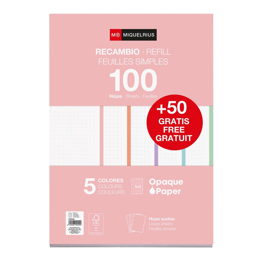 RECAMBIO MR9029 A4 CUADRICULA 100+50 5 COLORES SURTIDO PASTEL