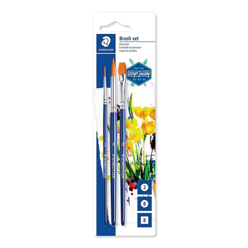 [989-SBK3-302] Set de pinceles artísticos con cerdas de fibra sintéticas, extremadamente duraderas. Excelente elasticidad y mantenimiento de la forma. Fáciles de limpiar, son ideales para usar con acuarelas, acrílicos, guache, óleo, lápices acuarelables, crayones y tizas. Mando de madera y virola metálica. Blíster con 3 pinceles: redondo nº2, redondo nº 8, plano nº8.