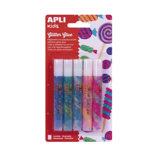 [17611] PEGAMENTO APLI 17611 GLITTER GLUE ARCOIRIS 3D 5 UNID.