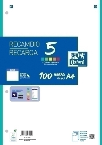 [400133563] RECAMBIO 5 OXFORD 400133563 SCHOOL T. BLANDA A4 100 LISO 90grs 