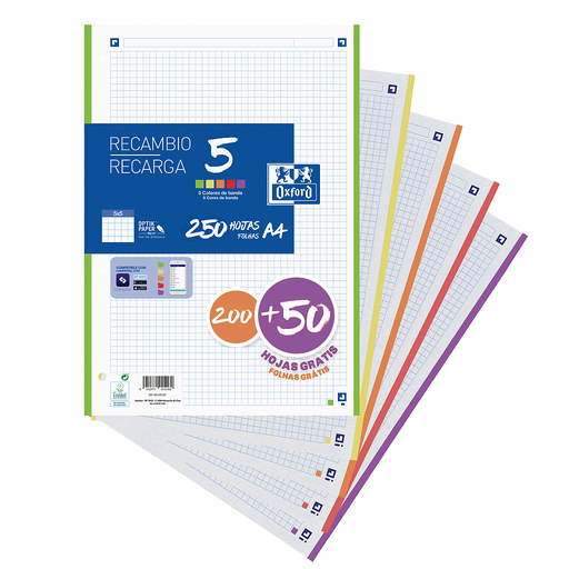 [400150903] RECAMBIO 200+50 HOJAS PAQUETE A4 5X5 5 COLORES DE BANDA VIVOS 0 PROMO
