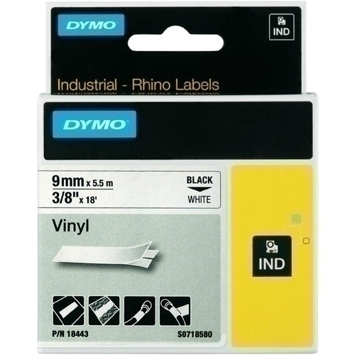 [18443] CINTA de ROTULAR DYMO RHINO ID1 VINILO 5,5m  9mm NEGRO sobre BLANCO (18443)