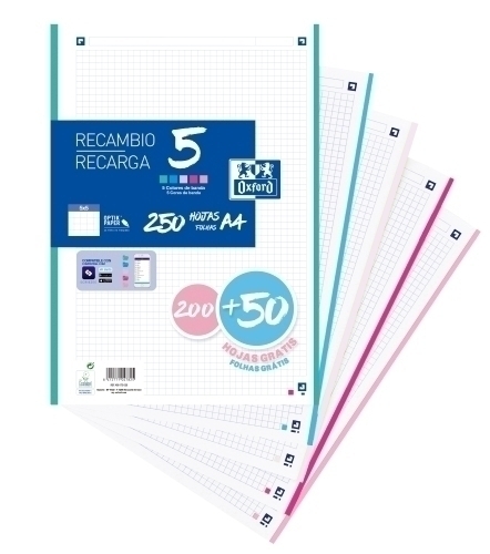 [400173020] RECAMBIO 200+50 HOJAS PAQUETE A4 5X5 5 COLORES DE BANDA PASTEL - PROMO
