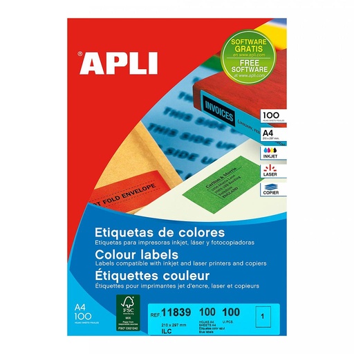 [11839] ETIQUETAS APLI 11839 210 X 297 100H AZUL A4