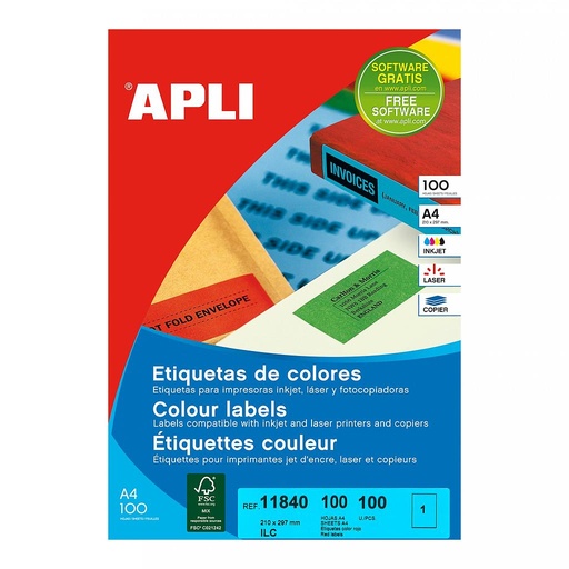 [11840] ETIQUETAS APLI 11840 210 X 297 100H ROJO A4