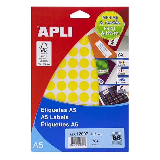 [12097] ETIQUETAS APLI 12097 Ø 16,0 AMARILLO 8H A5