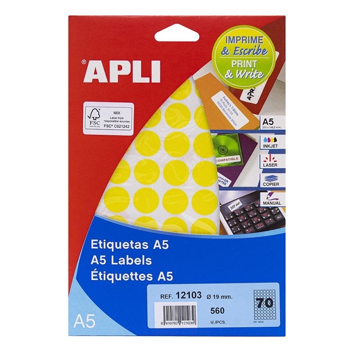 [12103] ETIQUETAS APLI 12103 Ø 19,0 AMARILLO 8H A5