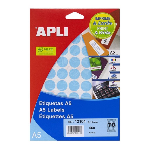 [12104] ETIQUETAS APLI 12104 Ø 19,0 AZUL 8H A5