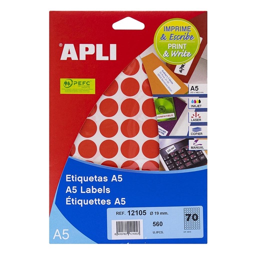 [12105] ETIQUETAS APLI 12105 Ø 19,0 ROJO 8H A5