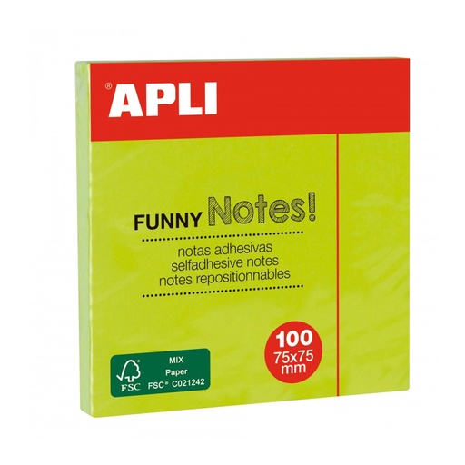 [11899] BLOC NOTAS APLI 11899 75x75 VERDE FLUOR 100H
