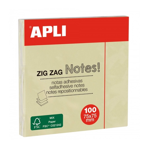 [12078] BLOC NOTAS APLI 12078 75x75 AMARILLO ZIG-ZAG 100H