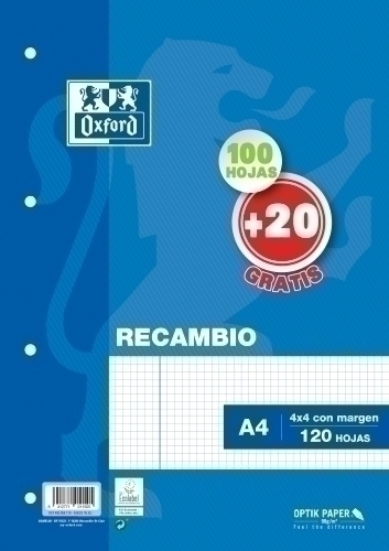 [100430208] RECAMBIOS OXFORD 100430208 BLANDA A4 100H.4X4 AZUL 